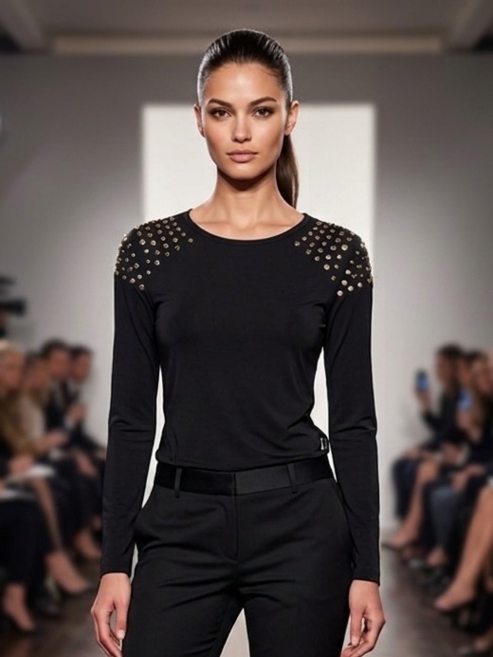 Michael Michael Kors Women's Navy Round Neck Studded Long Sleeve Blouse M